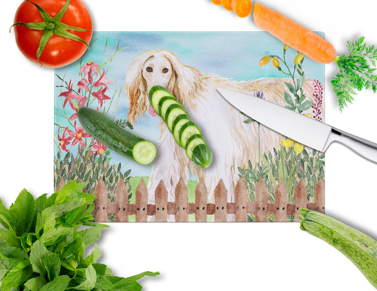 Afghan Hound Spring Cutting Board Tempered Glass Kitchen Cutting Surface, Heat Resistant Chopping, Non-Slip Feet, Food Prep & Serving