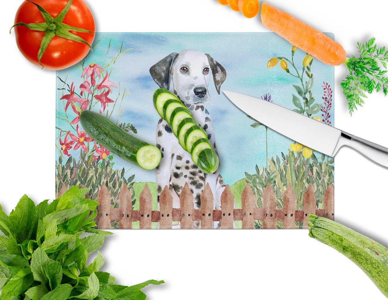Dalmatian Puppy Spring Cutting Board Tempered Glass Kitchen Cutting Surface, Heat Resistant Chopping, Non-Slip Feet, Food Prep & Serving