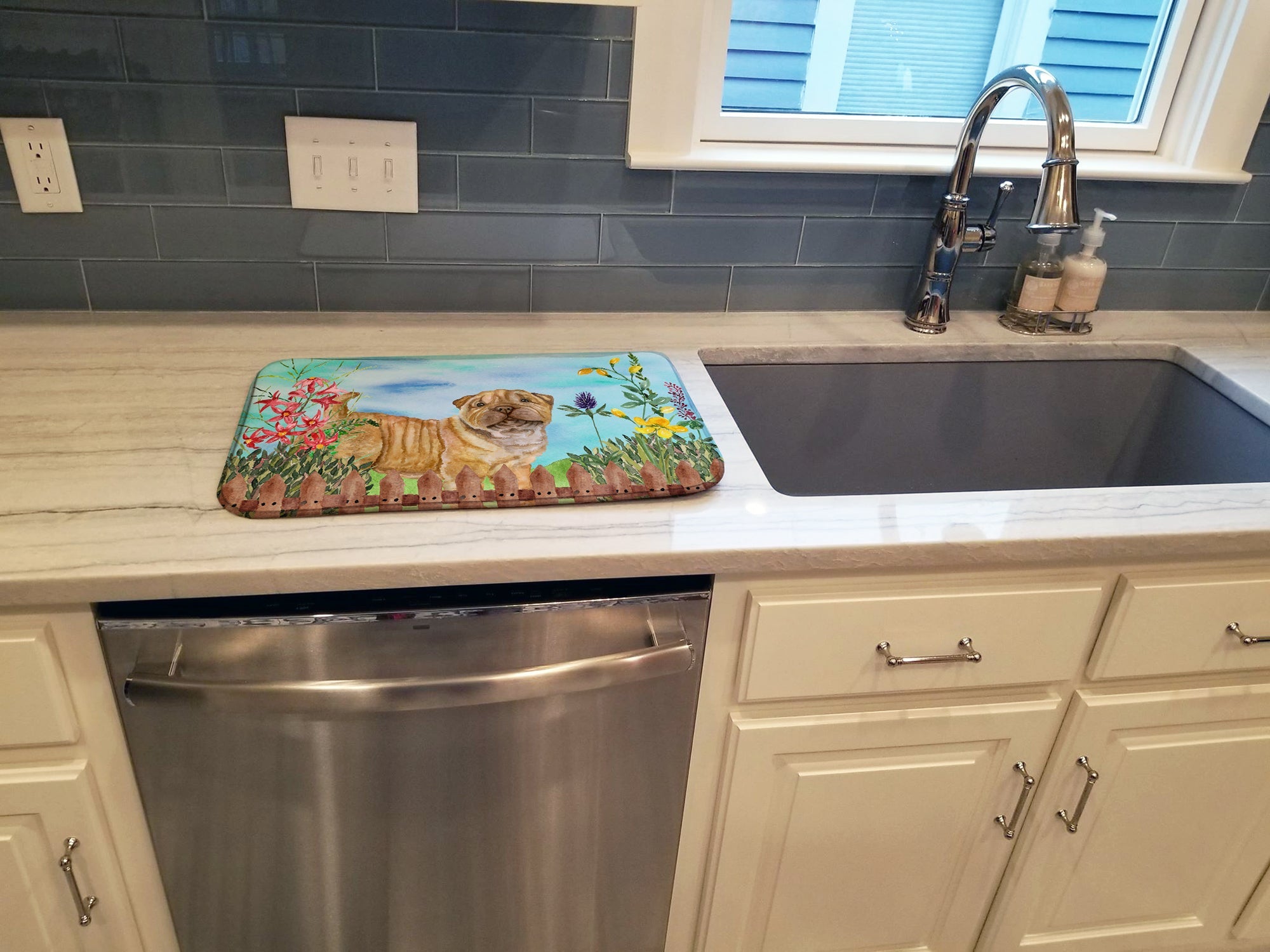 Shar Pei Puppy Spring Dish Drying Mat Absorbent Dish Drying Mat Pad for Kitchen Counter Dish Drainer Mat for Countertop, 14 x 21", Multicolor