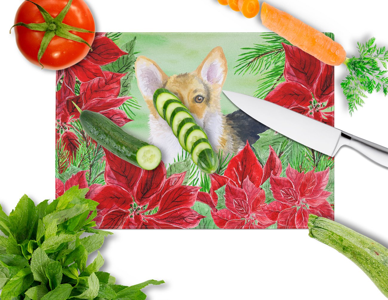 Pembroke Corgi Poinsettas Cutting Board Tempered Glass Kitchen Cutting Surface, Heat Resistant Chopping, Non-Slip Feet, Food Prep & Serving