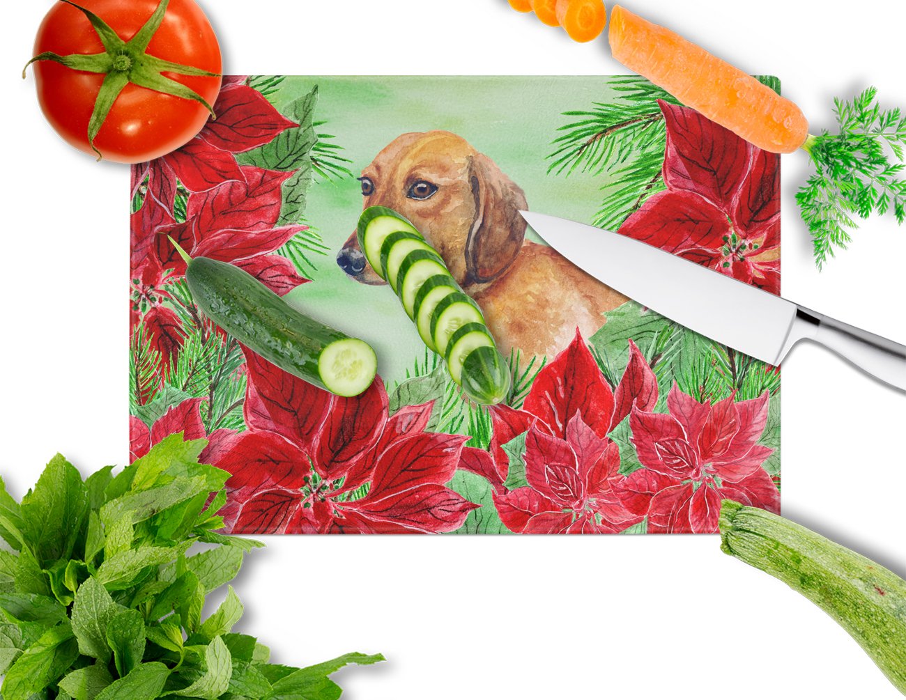 Dachshund Poinsettas Cutting Board Tempered Glass Kitchen Cutting Surface, Heat Resistant Chopping, Non-Slip Feet, Food Prep & Serving