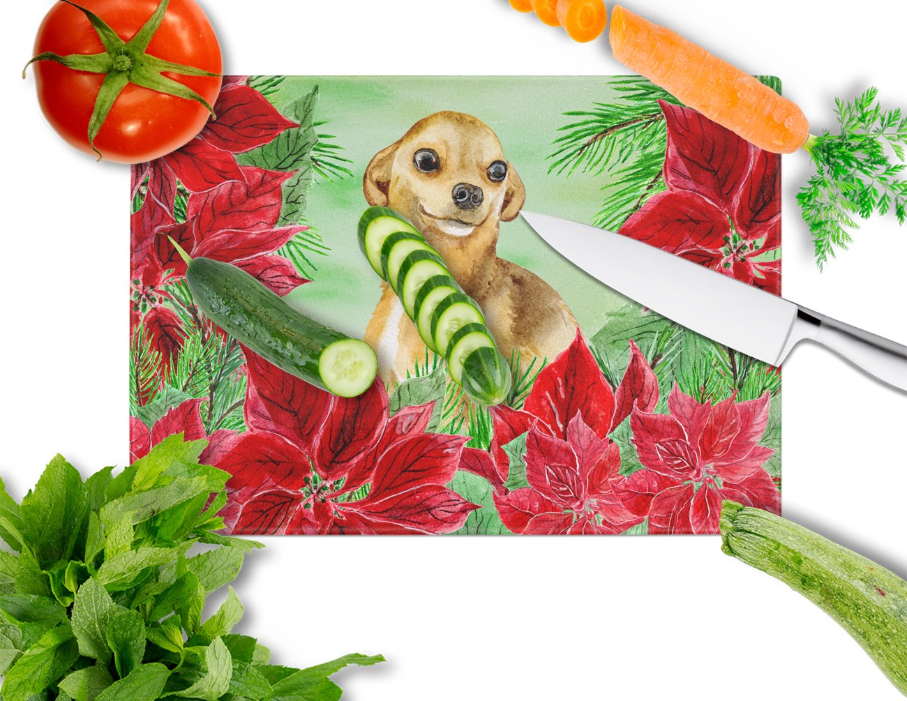 Chihuahua Poinsettas Cutting Board Tempered Glass Kitchen Cutting Surface, Heat Resistant Chopping, Non-Slip Feet, Food Prep & Serving