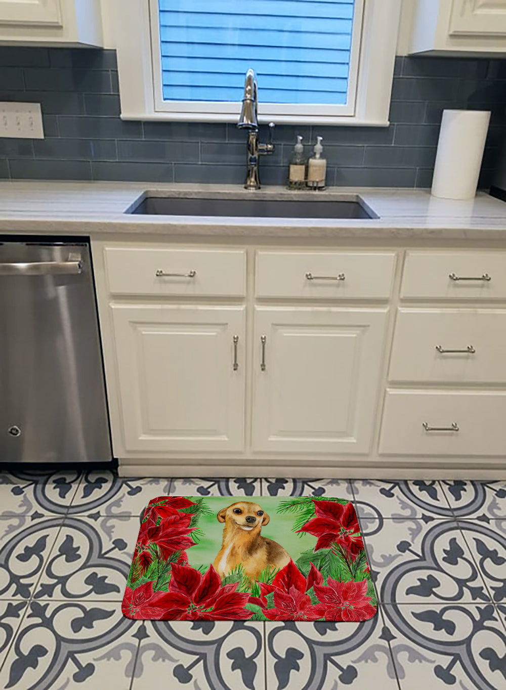 Chihuahua Poinsettas Memory Foam Kitchen Mat Machine Washable Anti-Fatigue Cushion Comfort Bath or Kitchen Rug