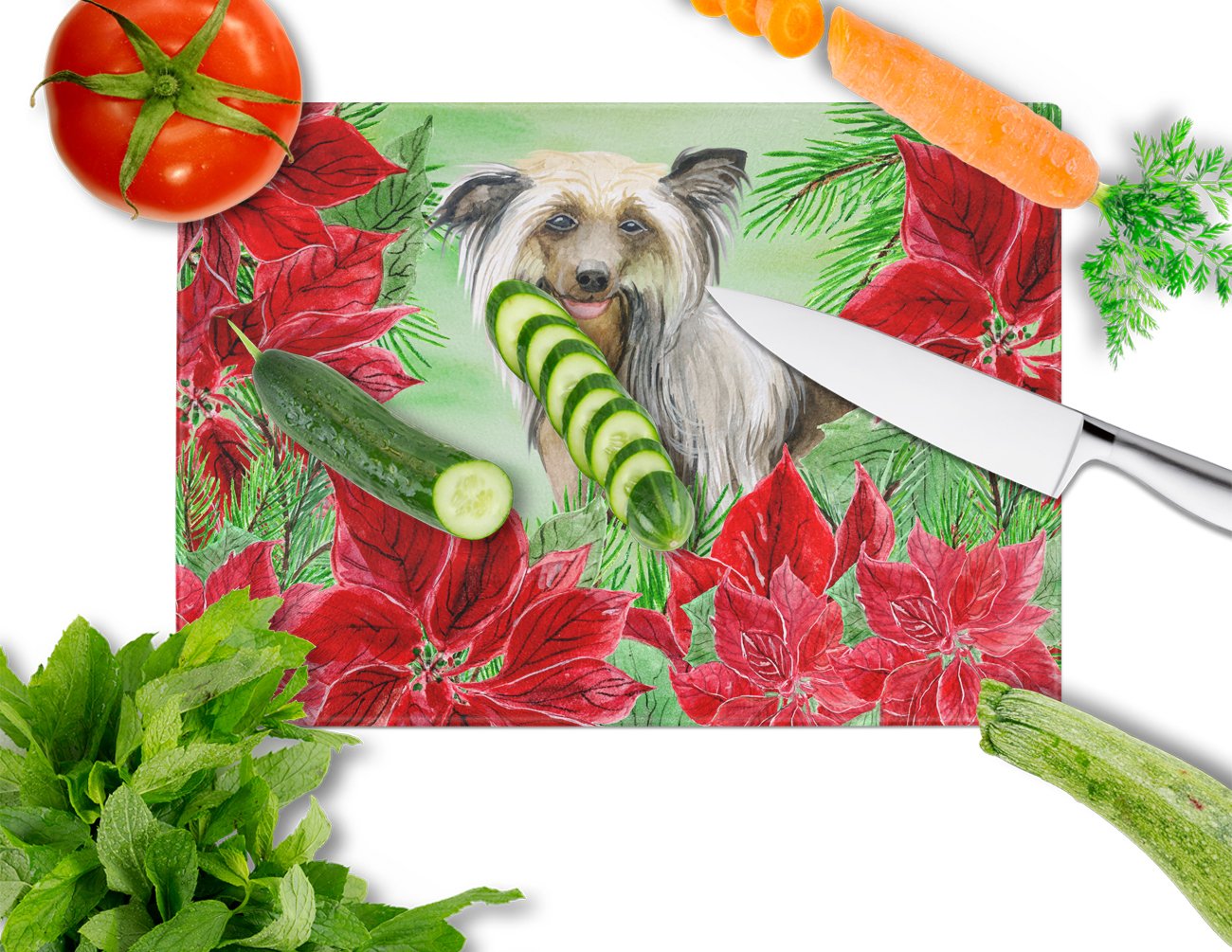 Chinese Crested Poinsettas Cutting Board Tempered Glass Kitchen Cutting Surface, Heat Resistant Chopping, Non-Slip Feet, Food Prep & Serving