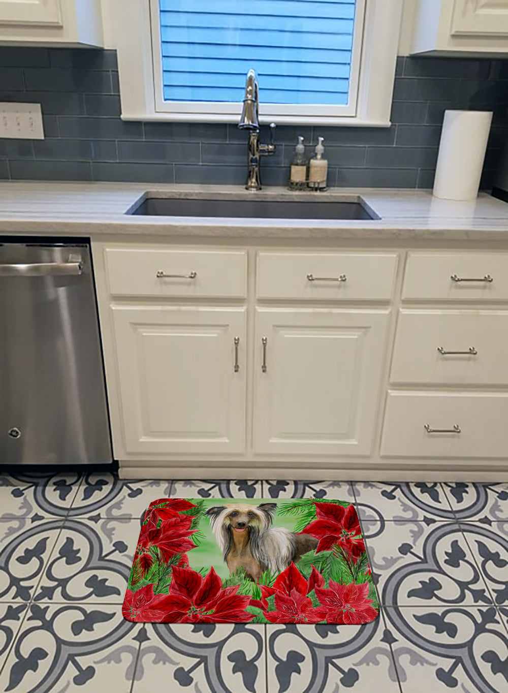 Chinese Crested Poinsettas Memory Foam Kitchen Mat Machine Washable Anti-Fatigue Cushion Comfort Bath or Kitchen Rug
