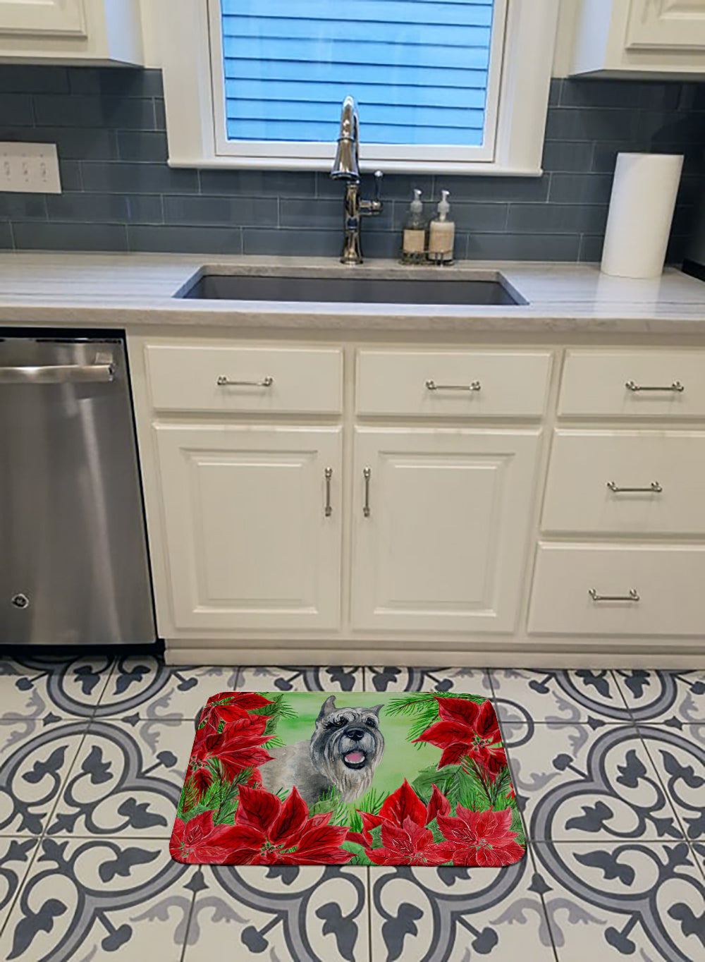 Schnauzer Poinsettas Memory Foam Kitchen Mat Machine Washable Anti-Fatigue Cushion Comfort Bath or Kitchen Rug