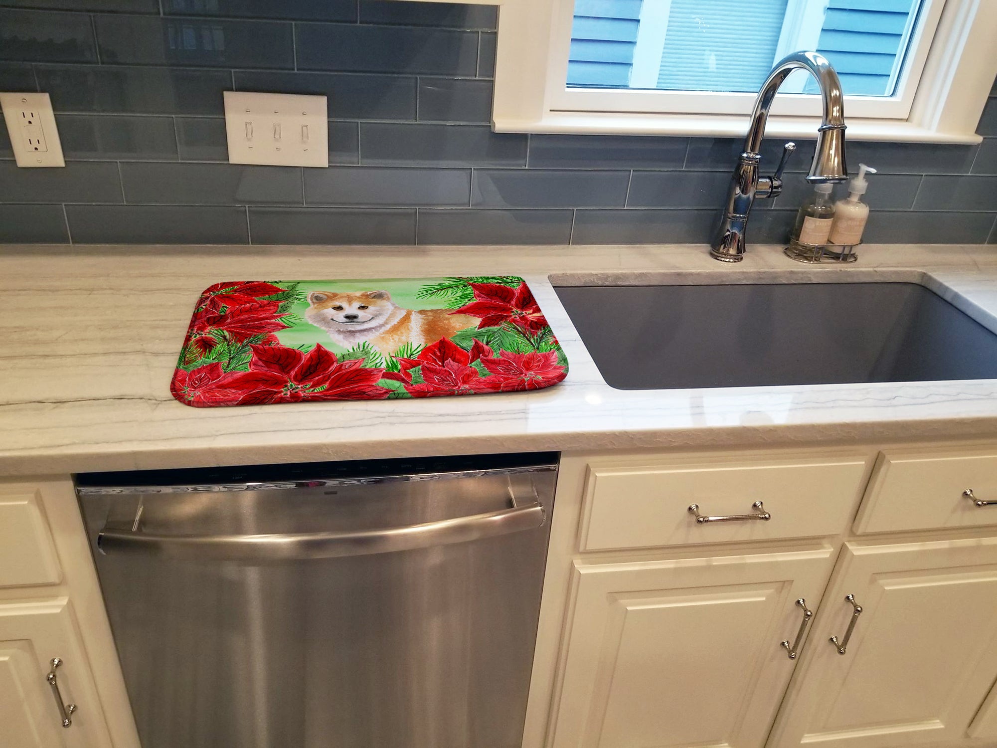 Shiba Inu Poinsettas Dish Drying Mat Absorbent Dish Drying Mat Pad for Kitchen Counter Dish Drainer Mat for Countertop, 14 x 21", Multicolor