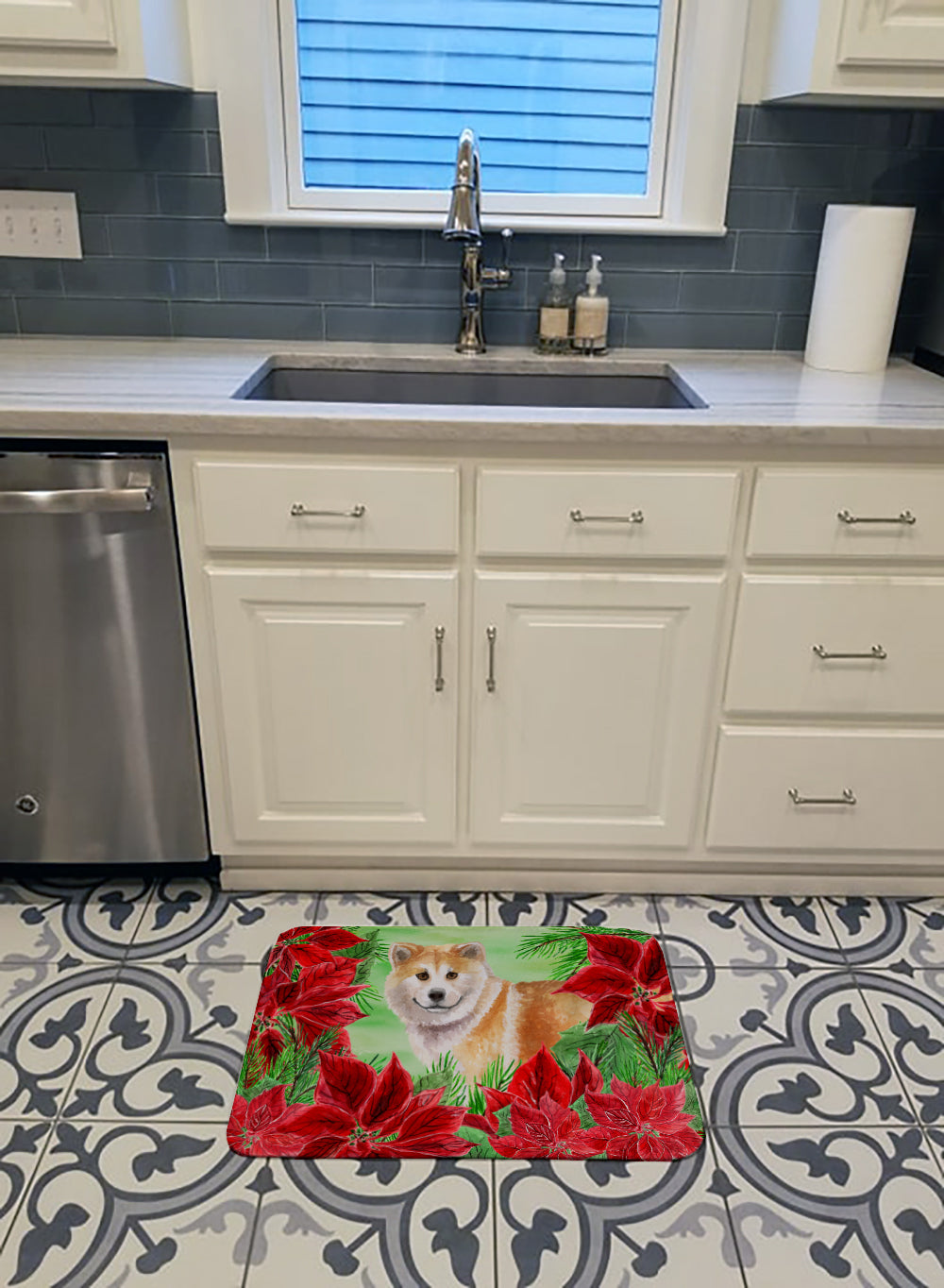 Shiba Inu Poinsettas Memory Foam Kitchen Mat Machine Washable Anti-Fatigue Cushion Comfort Bath or Kitchen Rug