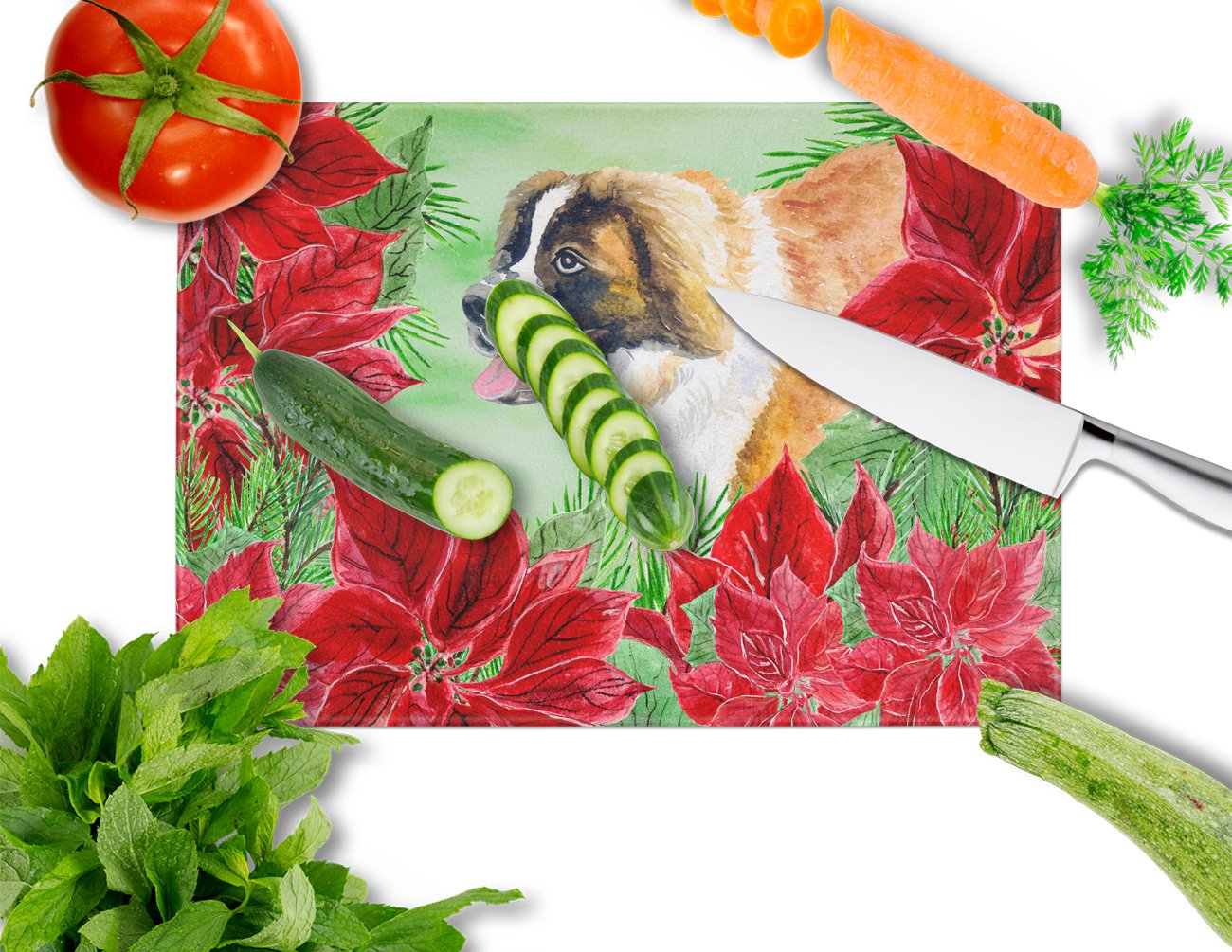 Saint Bernard Poinsettas Cutting Board Tempered Glass Kitchen Cutting Surface, Heat Resistant Chopping, Non-Slip Feet, Food Prep & Serving