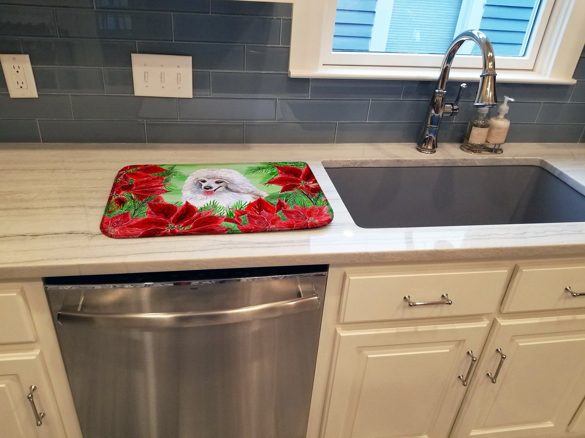 Medium White Poodle Poinsettas Dish Drying Mat Absorbent Dish Drying Mat Pad for Kitchen Counter Dish Drainer Mat for Countertop, 14 x 21", Multicolor
