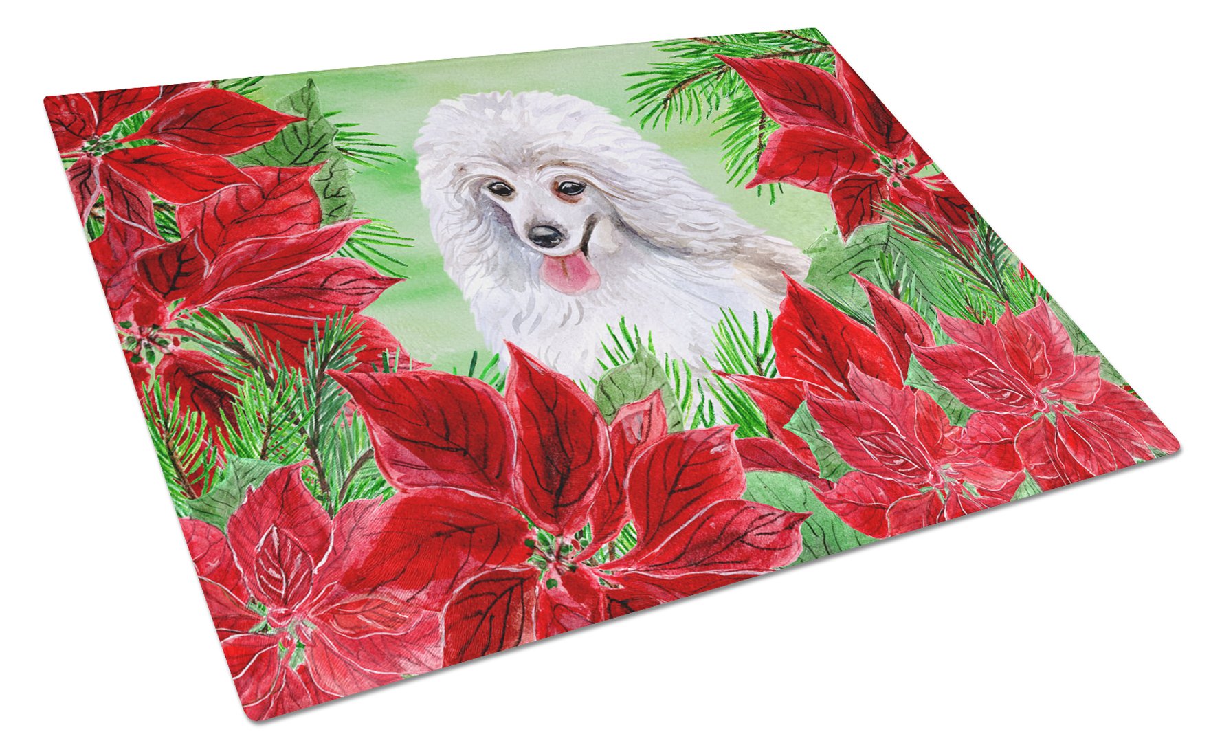Medium White Poodle Poinsettas Cutting Board Tempered Glass Kitchen Cutting Surface, Heat Resistant Chopping, Non-Slip Feet, Food Prep & Serving