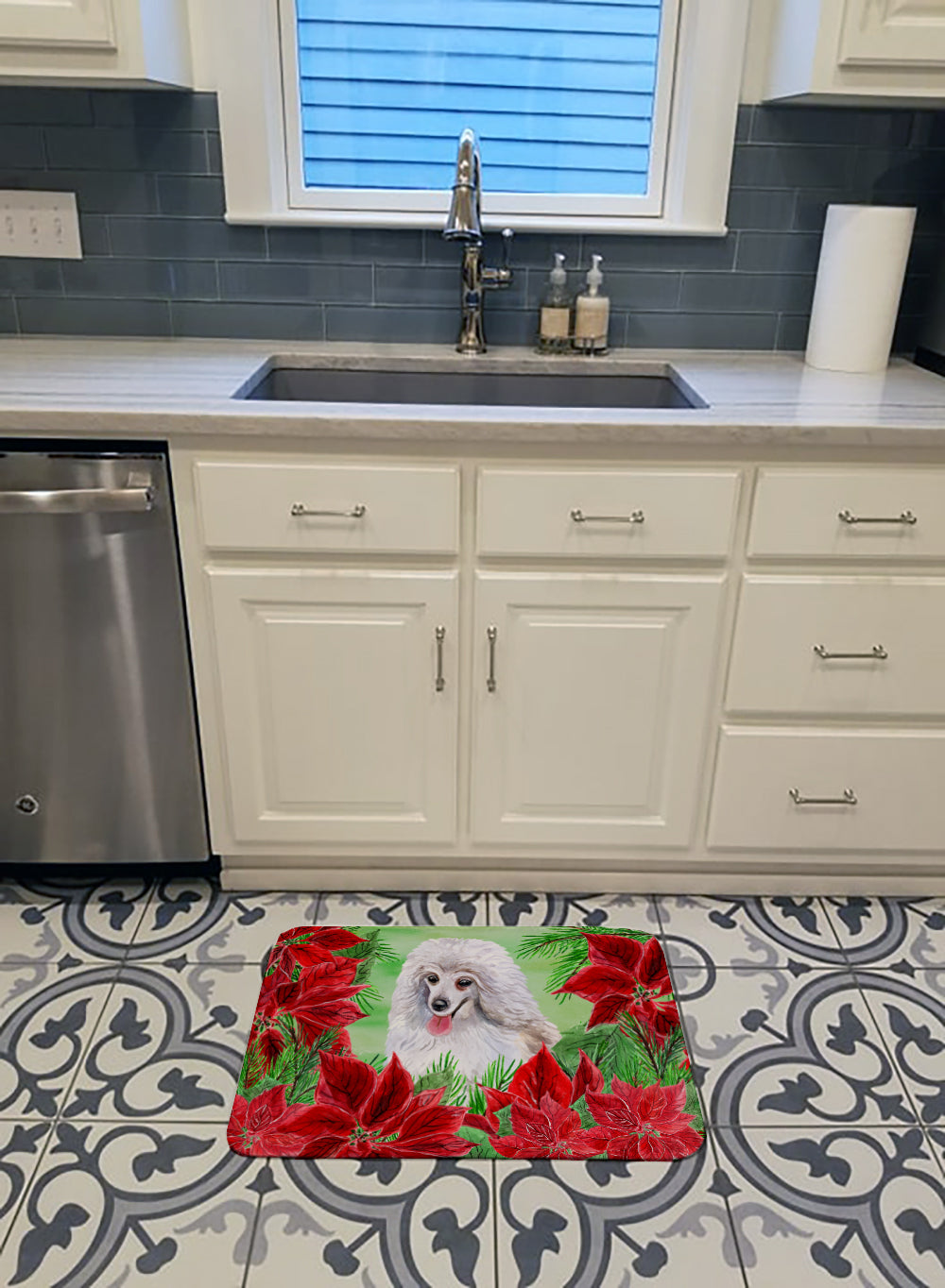 Medium White Poodle Poinsettas Memory Foam Kitchen Mat Machine Washable Anti-Fatigue Cushion Comfort Bath or Kitchen Rug
