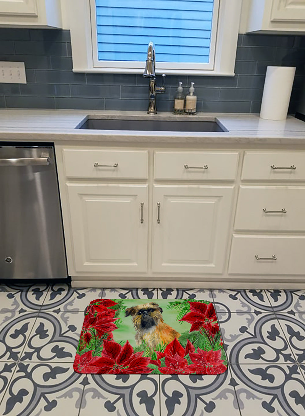 Brussels Griffon Poinsettas Memory Foam Kitchen Mat Machine Washable Anti-Fatigue Cushion Comfort Bath or Kitchen Rug
