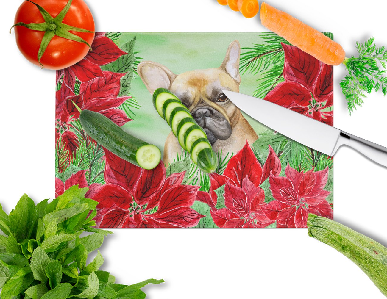 French Bulldog Poinsettas Cutting Board Tempered Glass Kitchen Cutting Surface, Heat Resistant Chopping, Non-Slip Feet, Food Prep & Serving