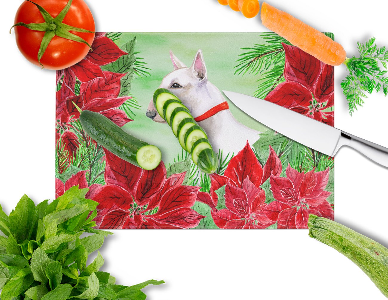Bull Terrier Poinsettas Cutting Board Tempered Glass Kitchen Cutting Surface, Heat Resistant Chopping, Non-Slip Feet, Food Prep & Serving