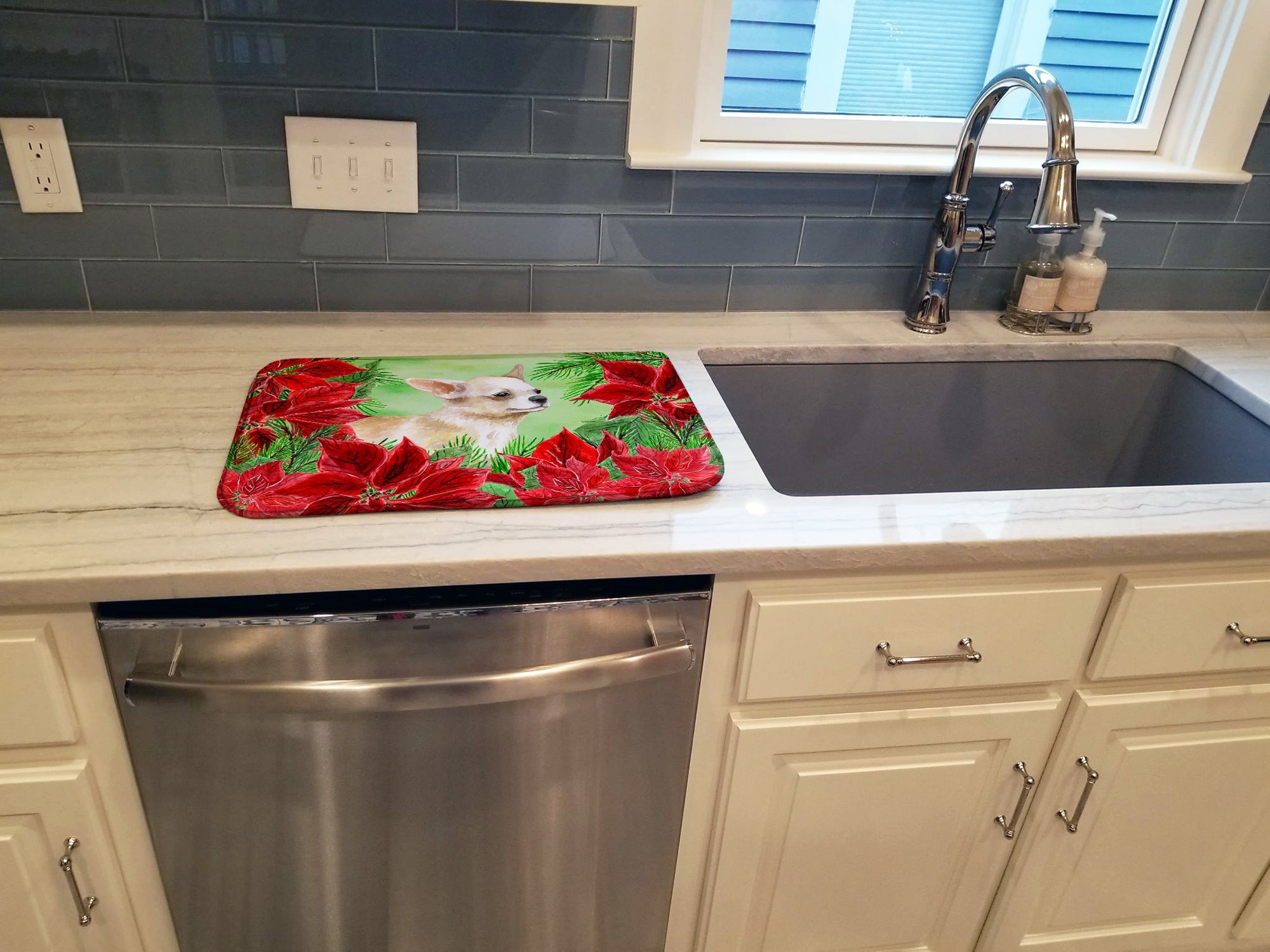 Chihuahua Leg up Poinsettas Dish Drying Mat Absorbent Dish Drying Mat Pad for Kitchen Counter Dish Drainer Mat for Countertop, 14 x 21", Multicolor