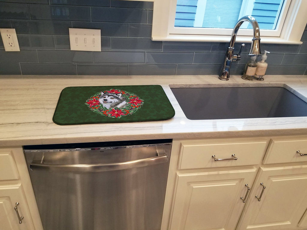 Alaskan Malamute Poinsetta Wreath Dish Drying Mat Absorbent Dish Drying Mat Pad for Kitchen Counter Dish Drainer Mat for Countertop, 14 x 21", Multicolor