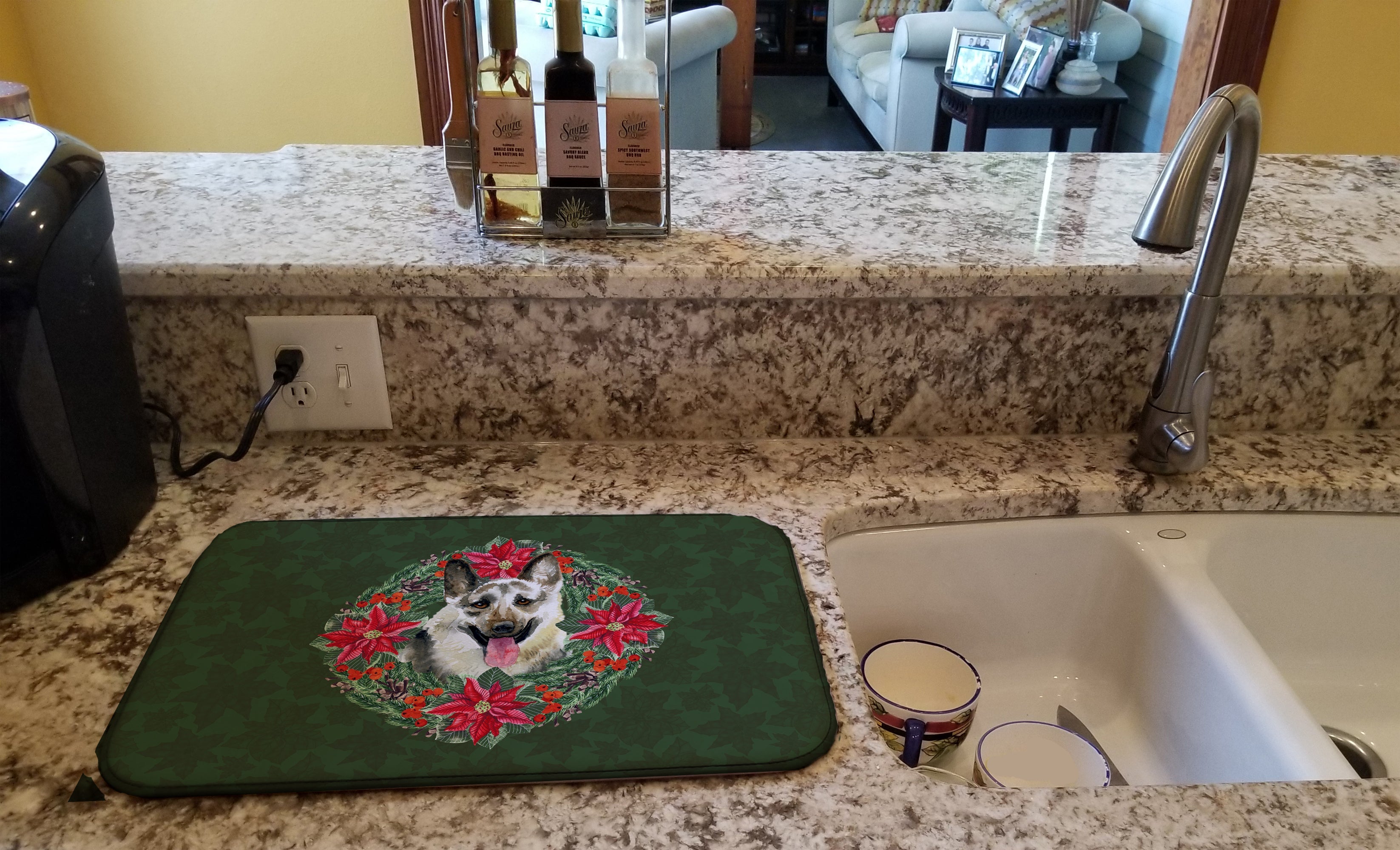 East-European Shepherd Poinsetta Wreath Dish Drying Mat Absorbent Dish Drying Mat Pad for Kitchen Counter Dish Drainer Mat for Countertop, 14 x 21", Multicolor