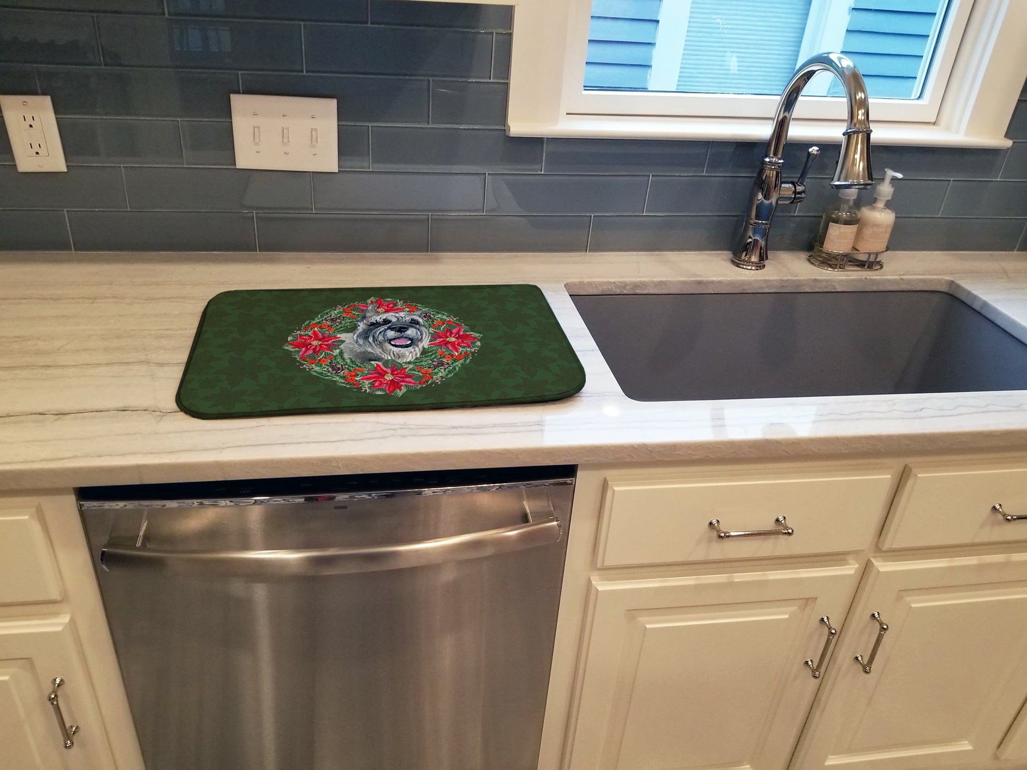 Schnauzer Poinsetta Wreath Dish Drying Mat Absorbent Dish Drying Mat Pad for Kitchen Counter Dish Drainer Mat for Countertop, 14 x 21", Multicolor