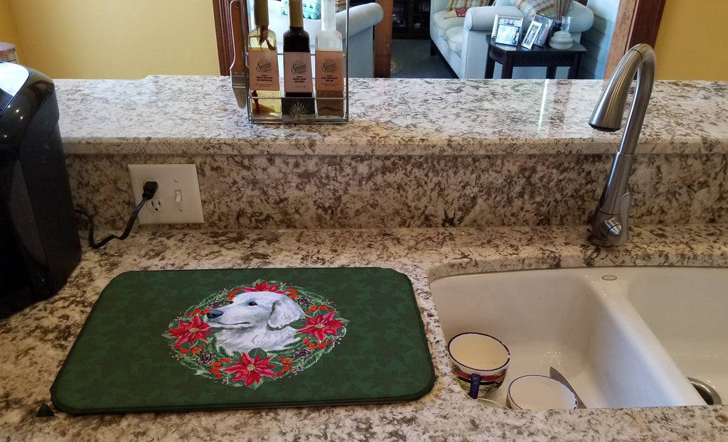 Maremma Sheepdog Poinsetta Wreath Dish Drying Mat Absorbent Dish Drying Mat Pad for Kitchen Counter Dish Drainer Mat for Countertop, 14 x 21", Multicolor