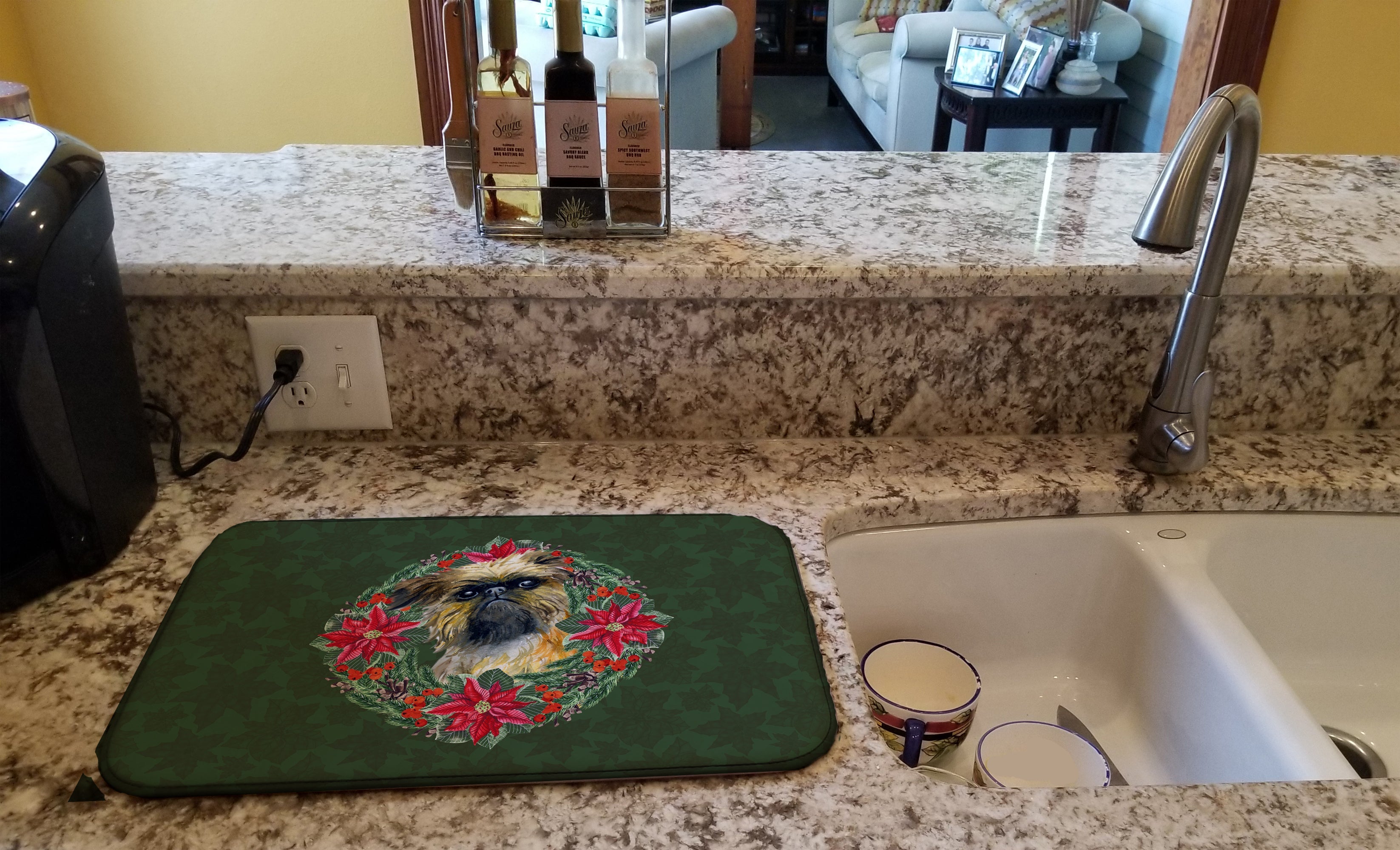 Brussels Griffon Poinsetta Wreath Dish Drying Mat Absorbent Dish Drying Mat Pad for Kitchen Counter Dish Drainer Mat for Countertop, 14 x 21", Multicolor