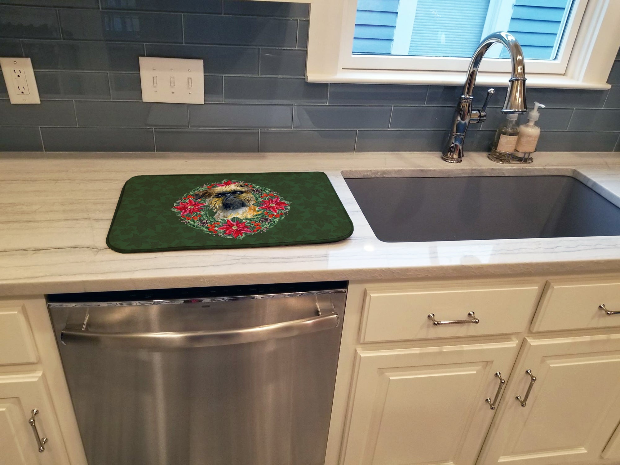 Brussels Griffon Poinsetta Wreath Dish Drying Mat Absorbent Dish Drying Mat Pad for Kitchen Counter Dish Drainer Mat for Countertop, 14 x 21", Multicolor