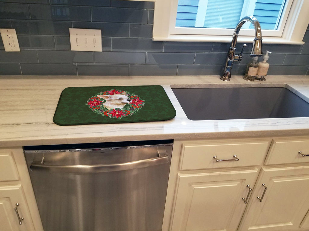 Chihuahua Leg up Poinsetta Wreath Dish Drying Mat Absorbent Dish Drying Mat Pad for Kitchen Counter Dish Drainer Mat for Countertop, 14 x 21", Multicolor