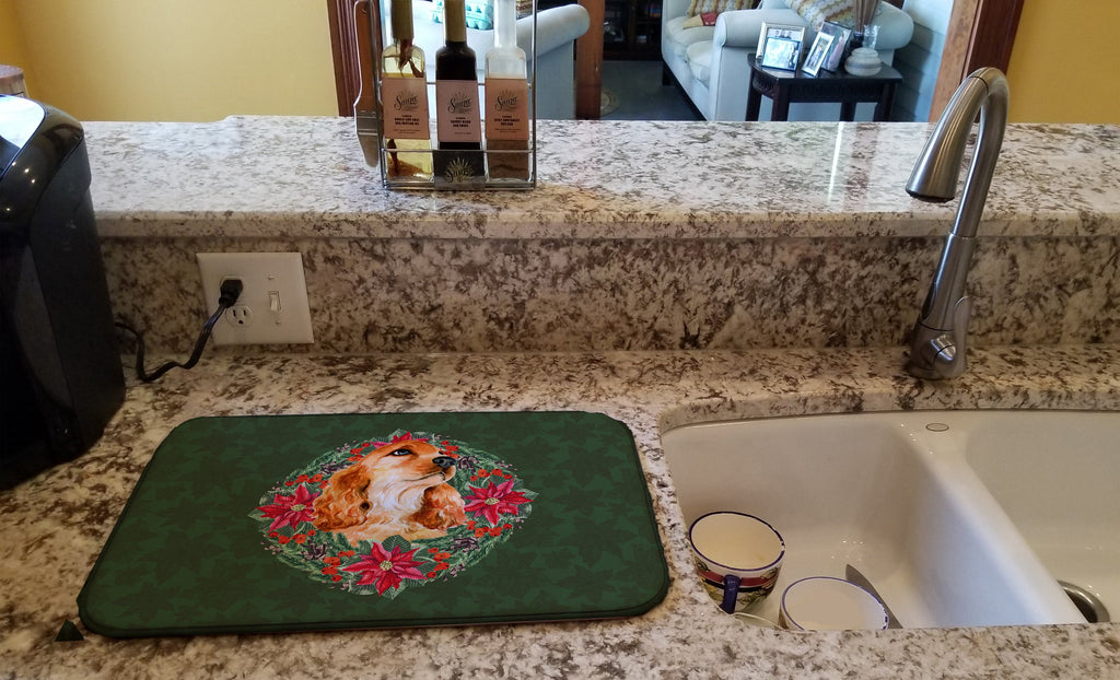 Cocker Spaniel Poinsetta Wreath Dish Drying Mat Absorbent Dish Drying Mat Pad for Kitchen Counter Dish Drainer Mat for Countertop, 14 x 21", Multicolor