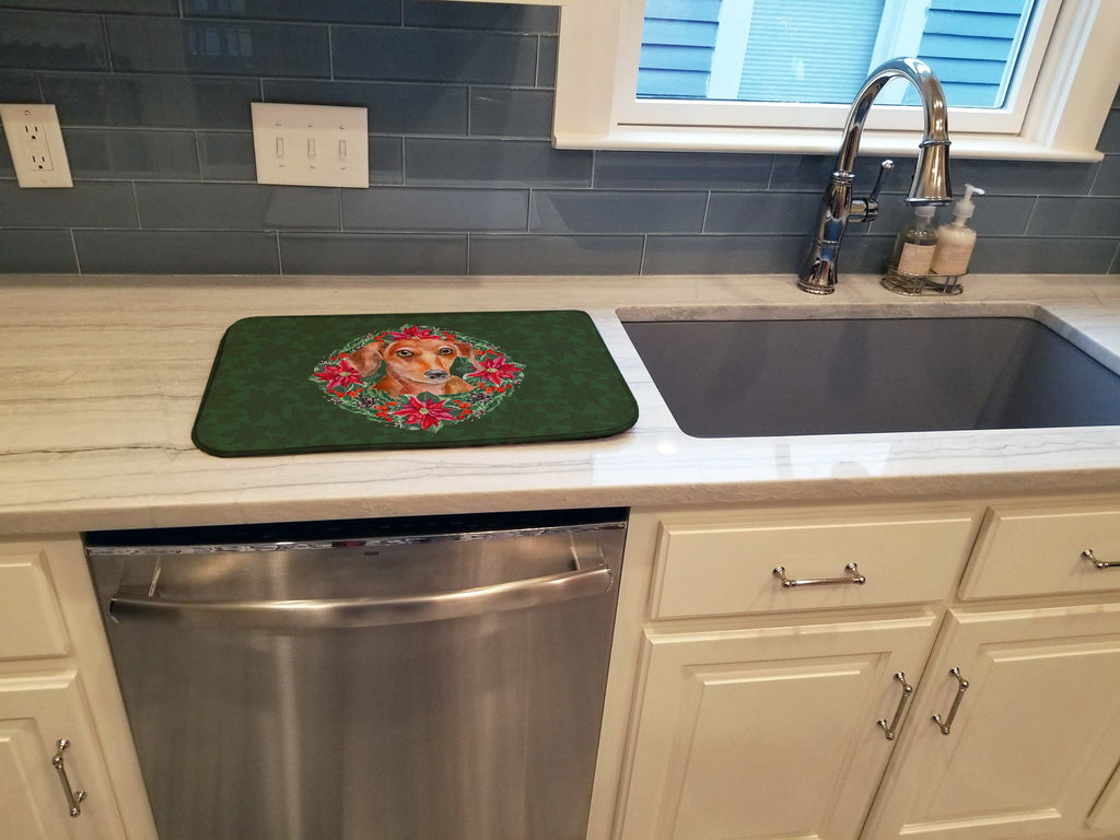 Red Dachshund Poinsetta Wreath Dish Drying Mat Absorbent Dish Drying Mat Pad for Kitchen Counter Dish Drainer Mat for Countertop, 14 x 21", Multicolor