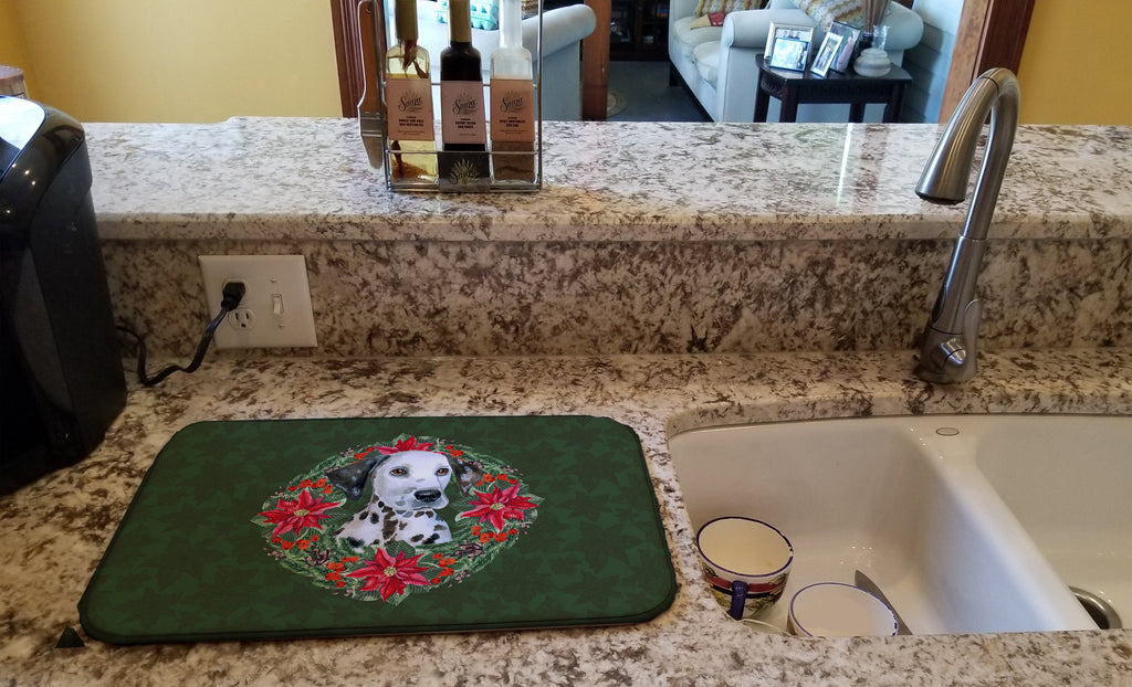 Dalmatian Puppy Poinsetta Wreath Dish Drying Mat Absorbent Dish Drying Mat Pad for Kitchen Counter Dish Drainer Mat for Countertop, 14 x 21", Multicolor