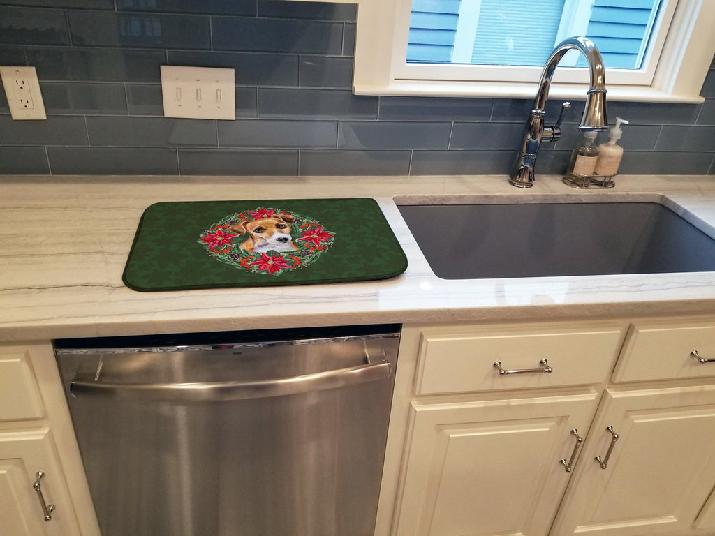 Jack Russell Terrier #2 Poinsetta Wreath Dish Drying Mat Absorbent Dish Drying Mat Pad for Kitchen Counter Dish Drainer Mat for Countertop, 14 x 21", Multicolor
