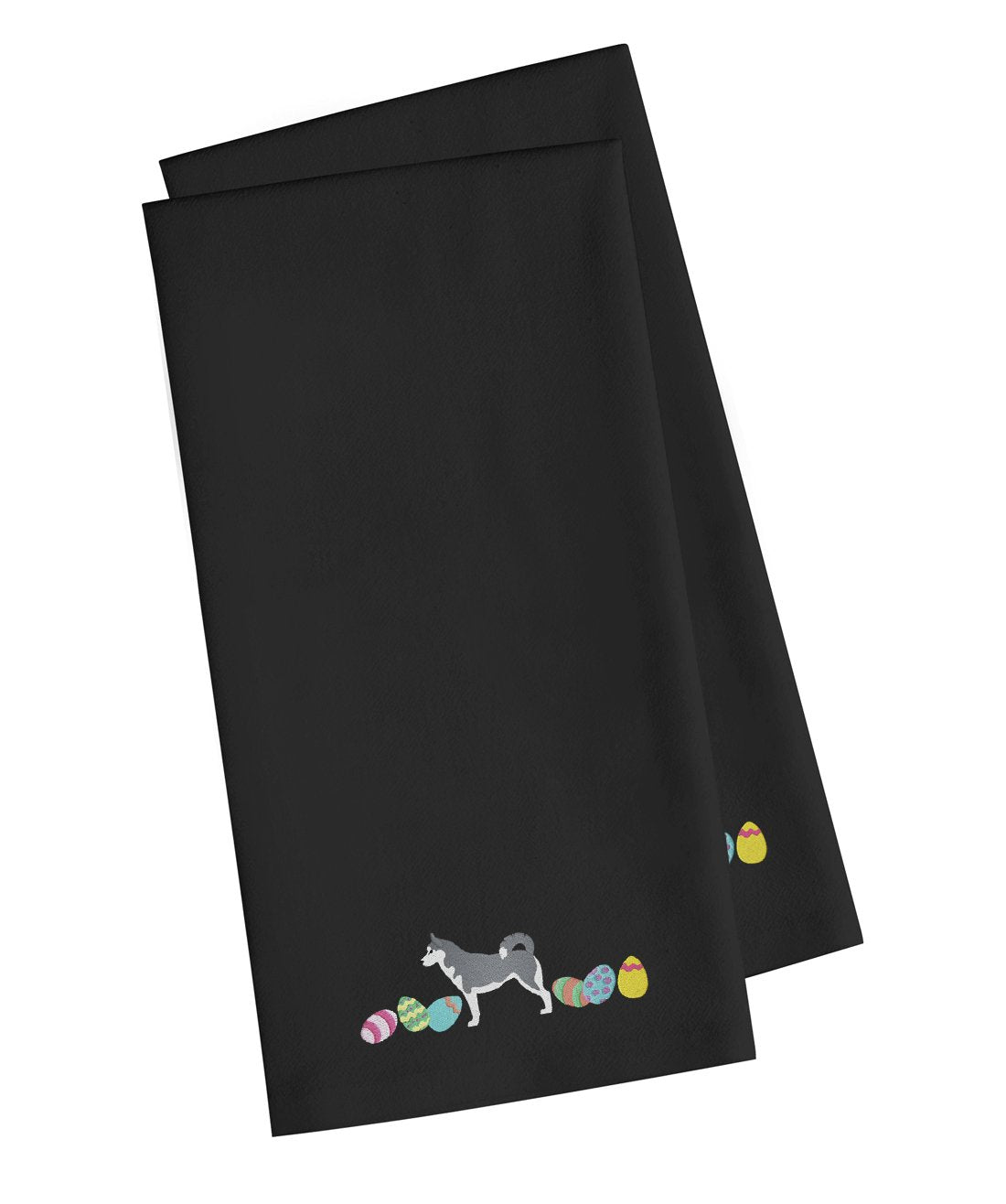 Siberian Husky Easter Black Embroidered Towel Set of 2 Decorative Bathroom Guest Hand Towel for Hand, Face, Tea, Dishcloth, 19 X 25, Black
