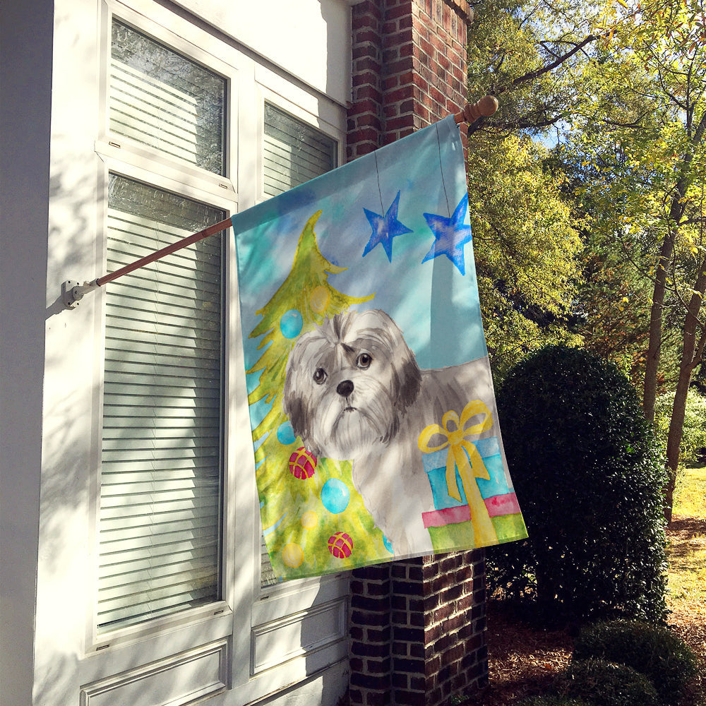 Christmas Tree Shih Tzu Puppy House Flag 28x40 Porch Sleeve Pole Decorative Outside Yard Banner Artwork Wall Hanging, Polyester