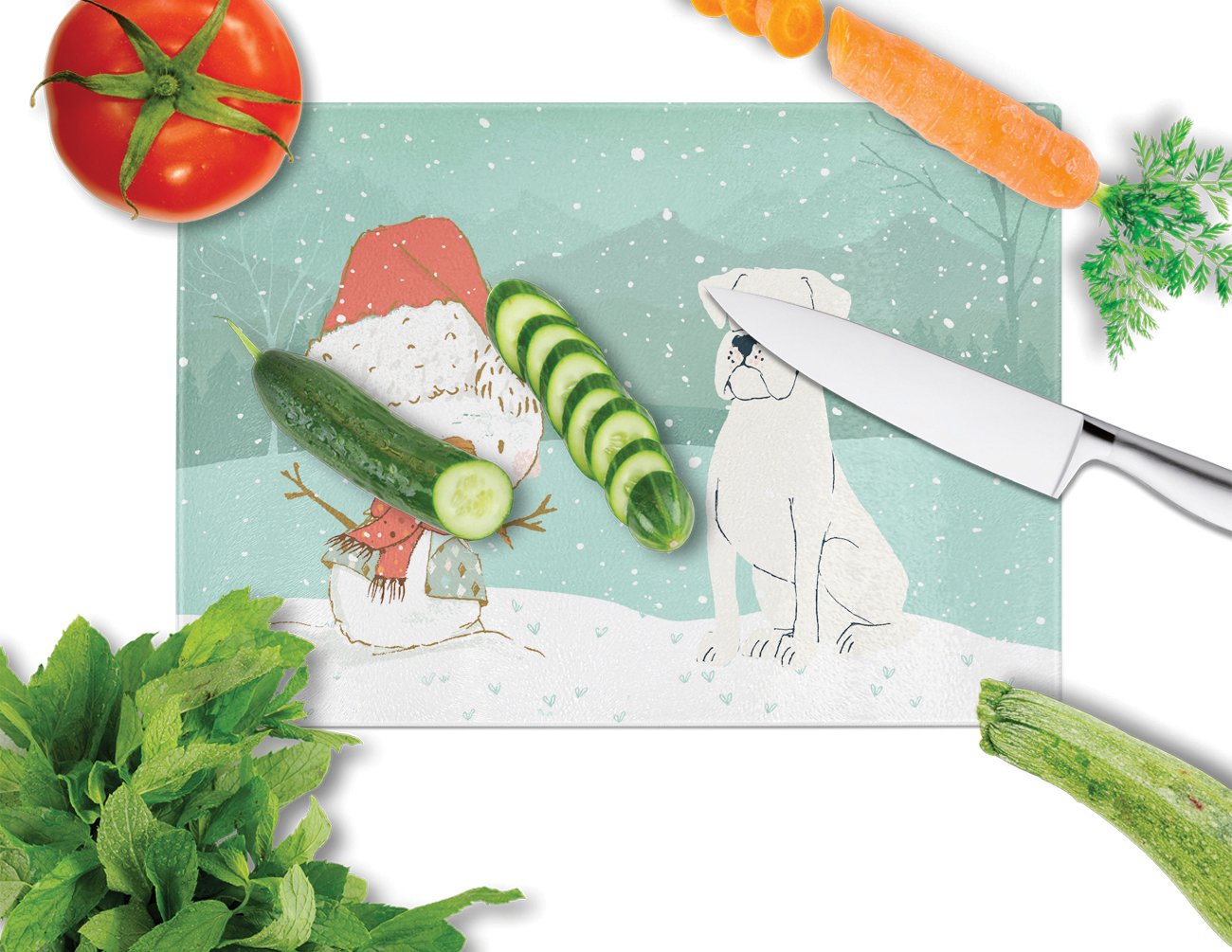 White Boxer and Snowman Christmas Cutting Board Tempered Glass Kitchen Cutting Surface, Heat Resistant Chopping, Non-Slip Feet, Food Prep & Serving