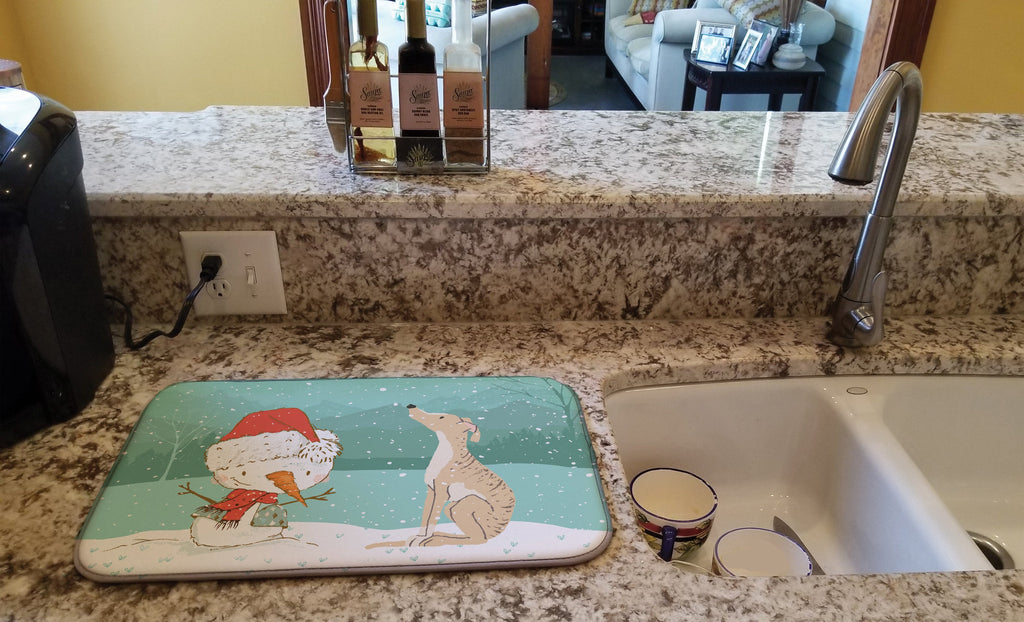 Brindle Greyhound Snowman Christmas Dish Drying Mat Absorbent Dish Drying Mat Pad for Kitchen Counter Dish Drainer Mat for Countertop, 14 x 21", Multicolor
