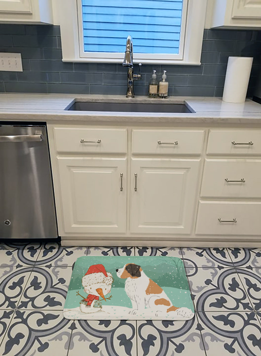 Saint Bernard Snowman Christmas Memory Foam Kitchen Mat Machine Washable Anti-Fatigue Cushion Comfort Bath or Kitchen Rug