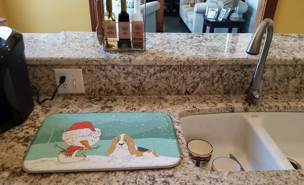 Basset Hound Snowman Christmas Dish Drying Mat Absorbent Dish Drying Mat Pad for Kitchen Counter Dish Drainer Mat for Countertop, 14 x 21", Multicolor