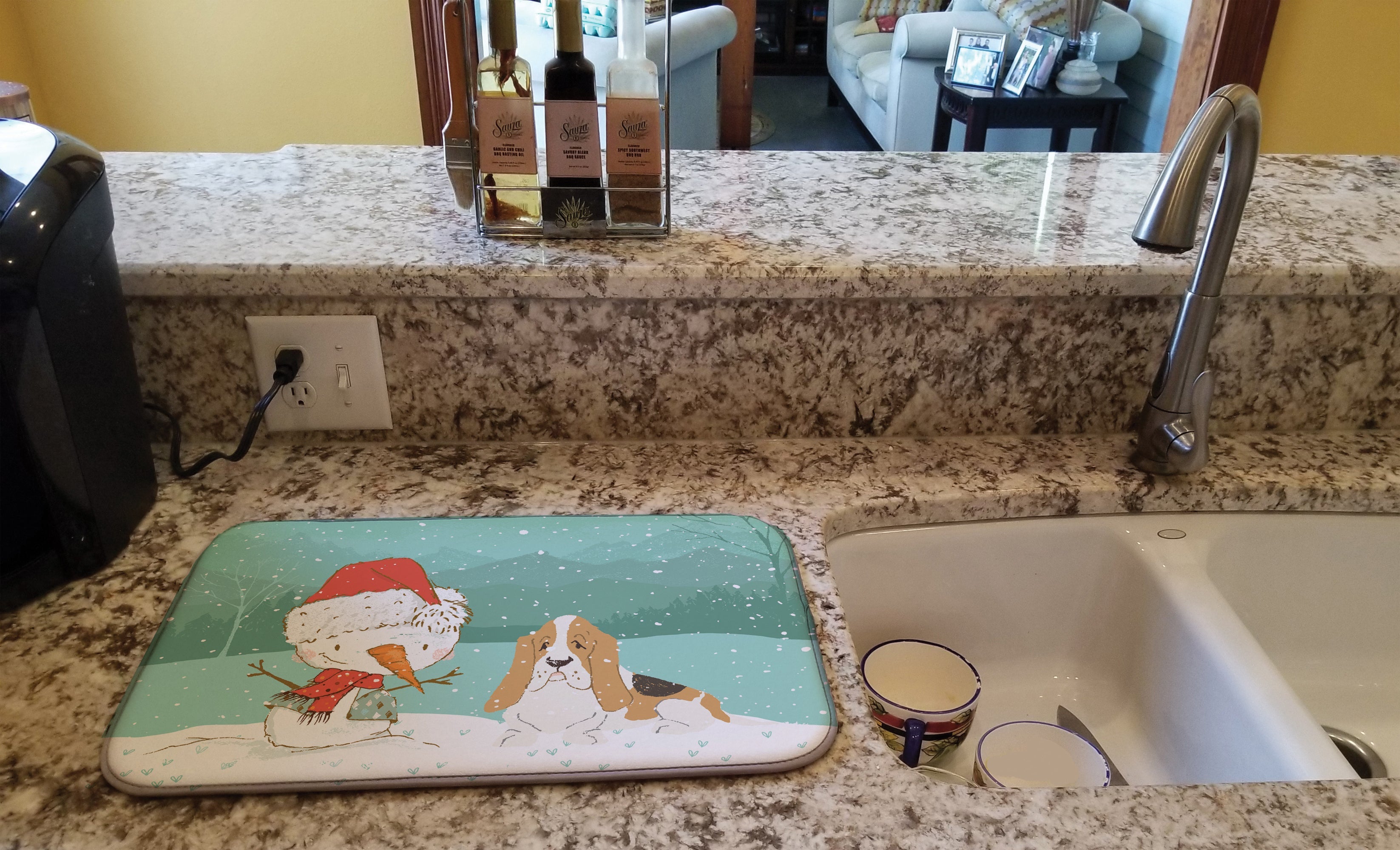 Basset Hound Snowman Christmas Dish Drying Mat Absorbent Dish Drying Mat Pad for Kitchen Counter Dish Drainer Mat for Countertop, 14 x 21", Multicolor