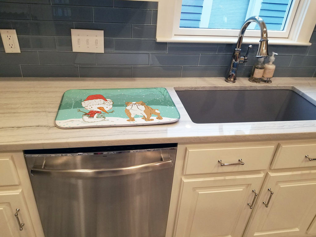 English Bulldog Snowman Christmas Dish Drying Mat Absorbent Dish Drying Mat Pad for Kitchen Counter Dish Drainer Mat for Countertop, 14 x 21", Multicolor