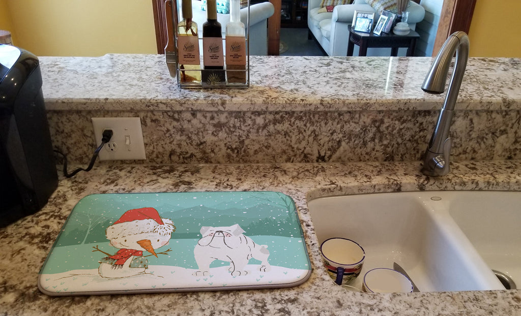 White English Bulldog Snowman Christmas Dish Drying Mat Absorbent Dish Drying Mat Pad for Kitchen Counter Dish Drainer Mat for Countertop, 14 x 21", Multicolor