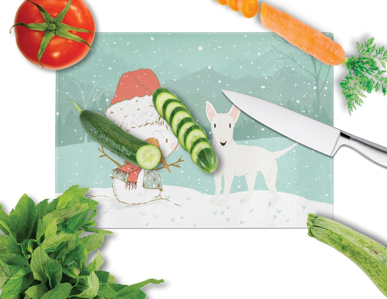 White Bull Terrier Snowman Christmas Cutting Board Tempered Glass Kitchen Cutting Surface, Heat Resistant Chopping, Non-Slip Feet, Food Prep & Serving