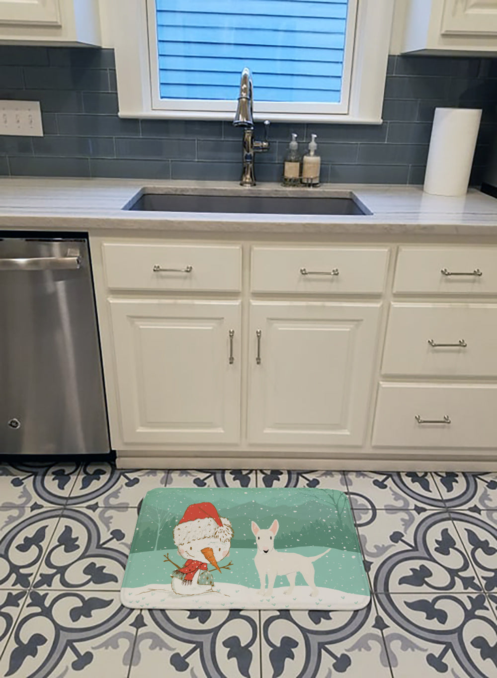 White Bull Terrier Snowman Christmas Memory Foam Kitchen Mat Machine Washable Anti-Fatigue Cushion Comfort Bath or Kitchen Rug