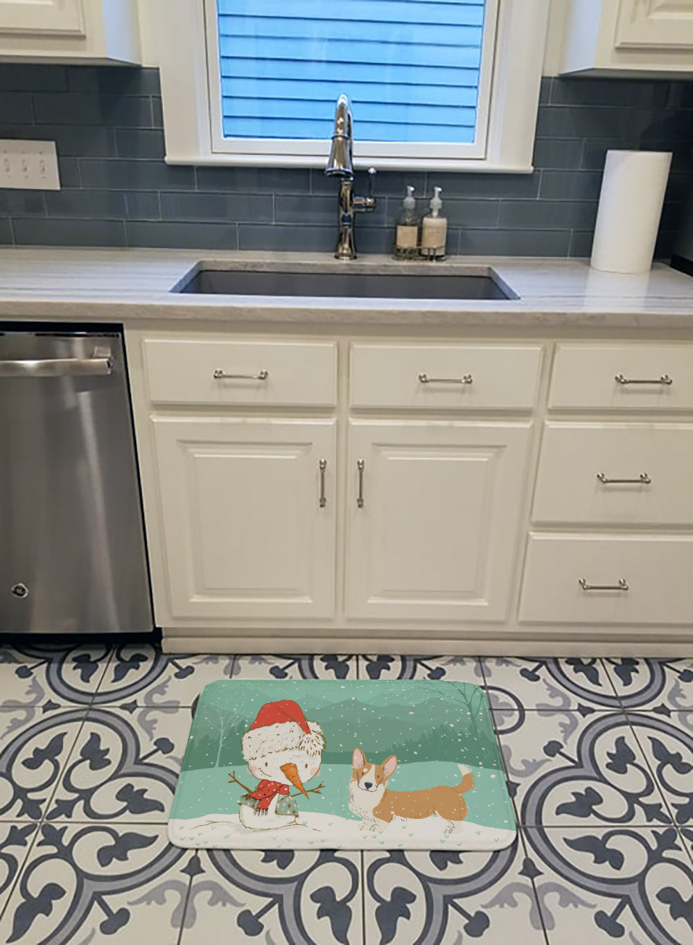 Cardigan Corgi Snowman Christmas Memory Foam Kitchen Mat Machine Washable Anti-Fatigue Cushion Comfort Bath or Kitchen Rug
