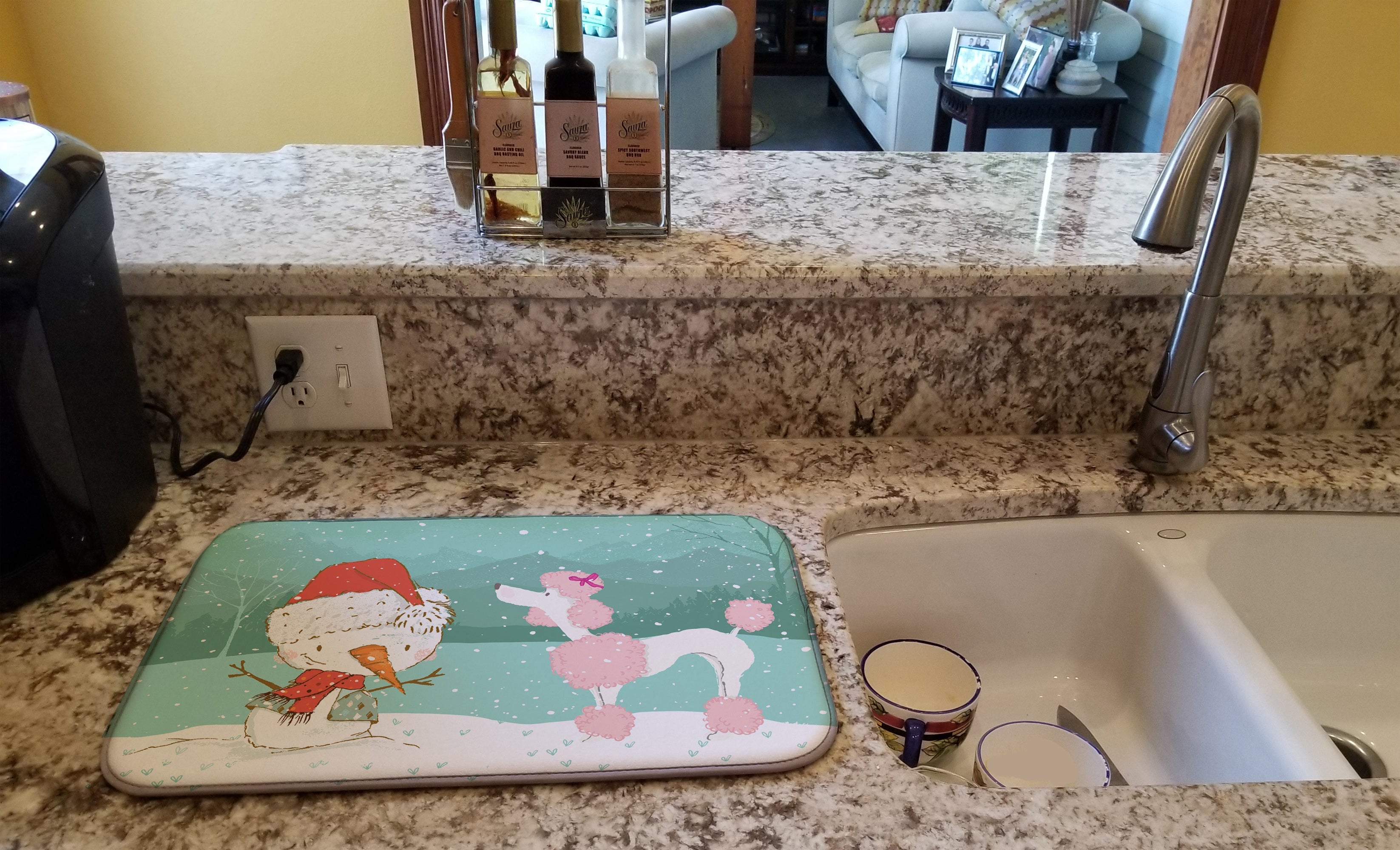 Pink Poodle Snowman Christmas Dish Drying Mat Absorbent Dish Drying Mat Pad for Kitchen Counter Dish Drainer Mat for Countertop, 14 x 21", Multicolor