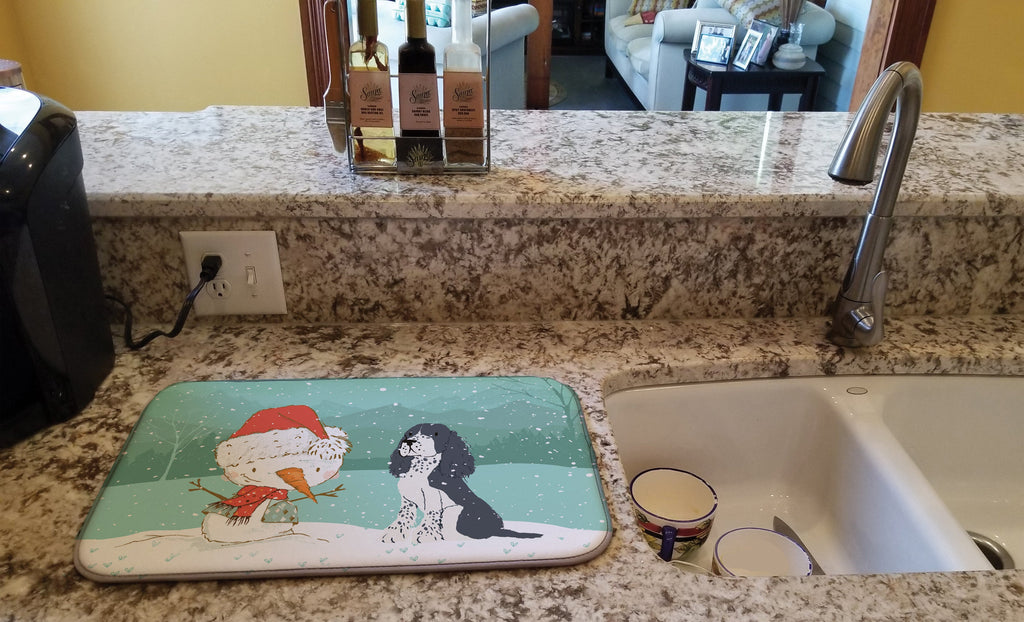 English Springer Spaniel Snowman Christmas Dish Drying Mat Absorbent Dish Drying Mat Pad for Kitchen Counter Dish Drainer Mat for Countertop, 14 x 21", Multicolor