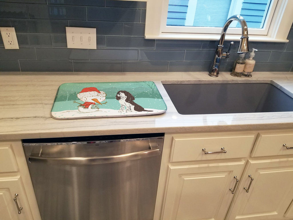 Brown English Springer Spaniel Snowman Christmas Dish Drying Mat Absorbent Dish Drying Mat Pad for Kitchen Counter Dish Drainer Mat for Countertop, 14 x 21", Multicolor