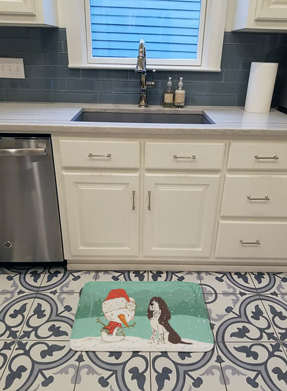 Brown English Springer Spaniel Snowman Christmas Memory Foam Kitchen Mat Machine Washable Anti-Fatigue Cushion Comfort Bath or Kitchen Rug