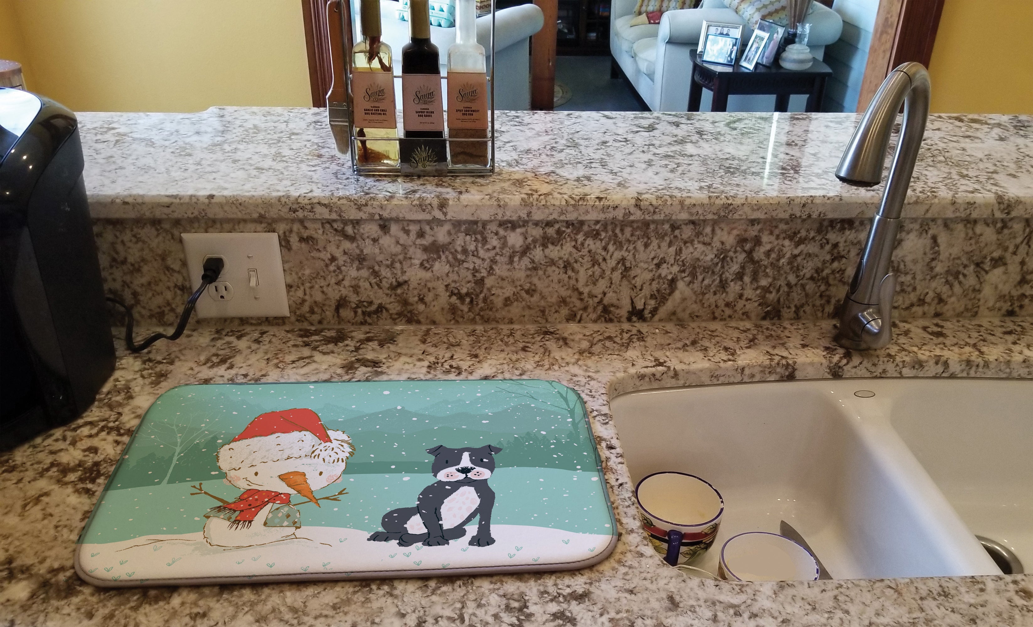 Black Staffie Snowman Christmas Dish Drying Mat Absorbent Dish Drying Mat Pad for Kitchen Counter Dish Drainer Mat for Countertop, 14 x 21", Multicolor