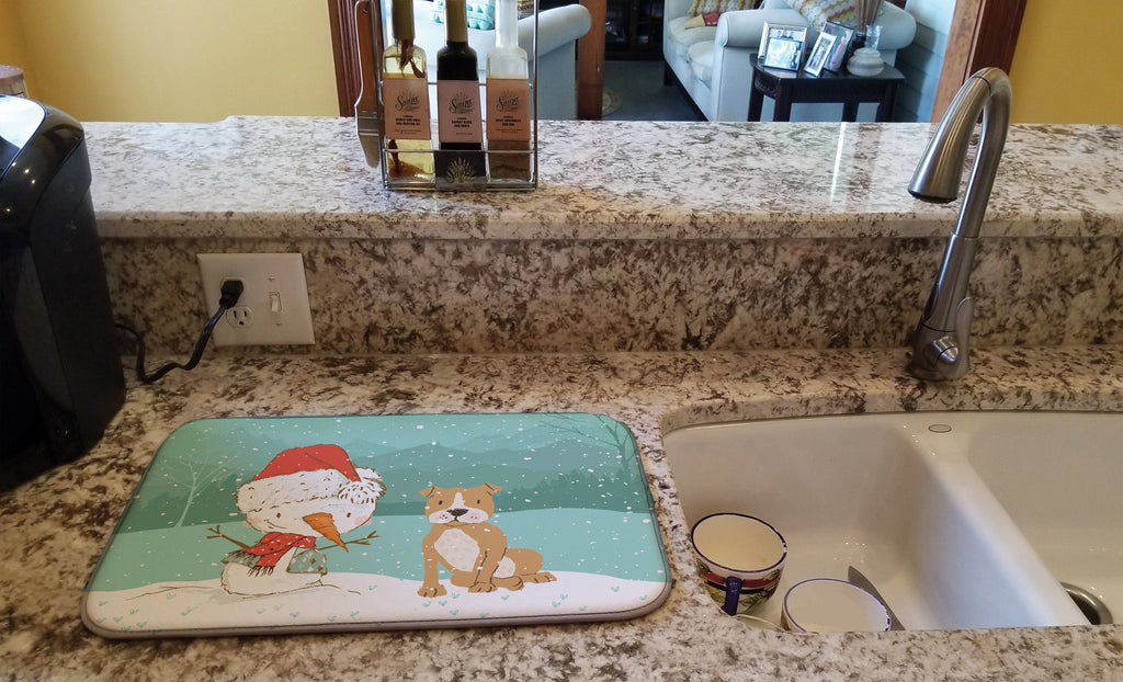 Brown Staffie Snowman Christmas Dish Drying Mat Absorbent Dish Drying Mat Pad for Kitchen Counter Dish Drainer Mat for Countertop, 14 x 21", Multicolor