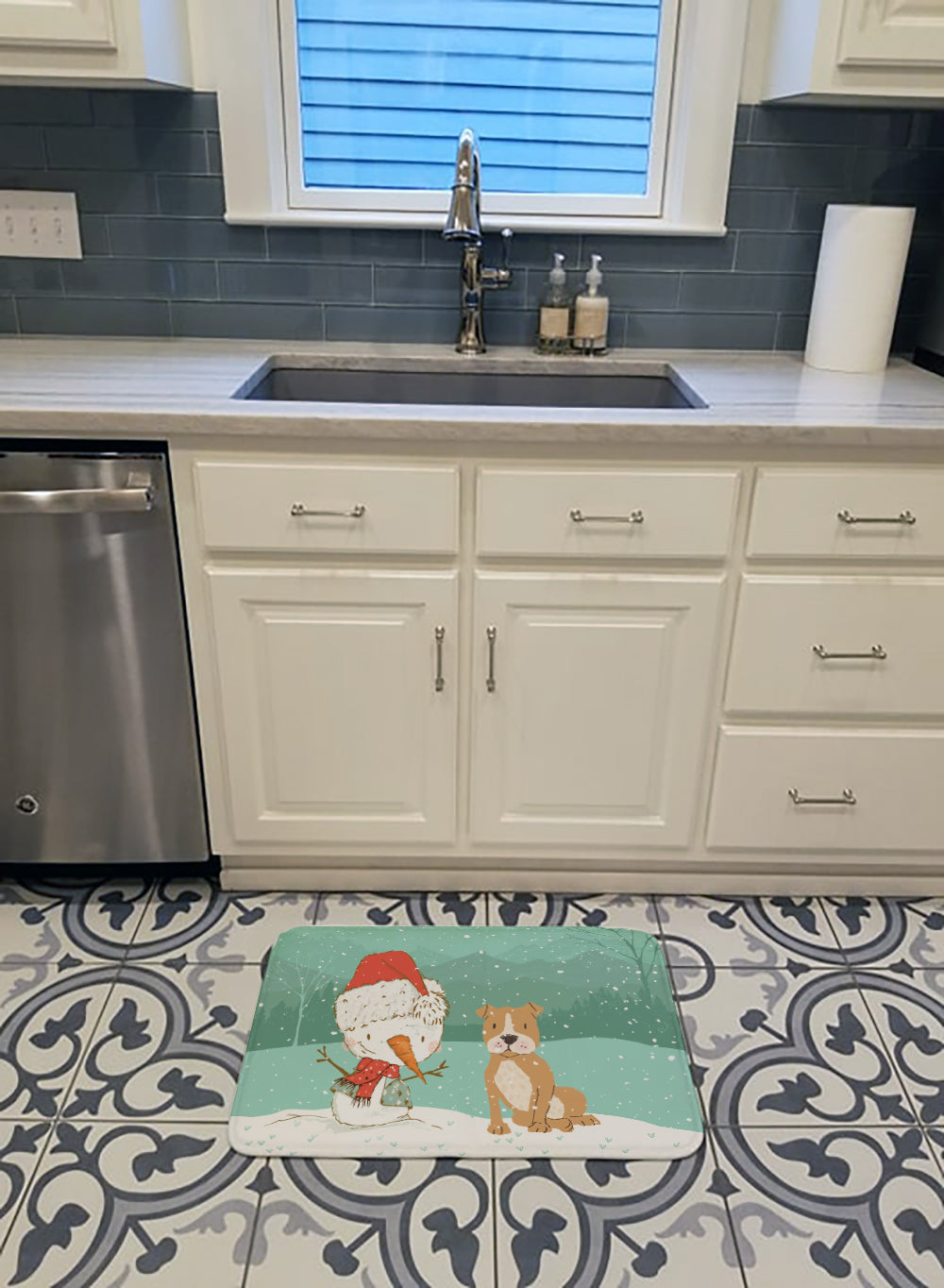 Brown Staffie Snowman Christmas Memory Foam Kitchen Mat Machine Washable Anti-Fatigue Cushion Comfort Bath or Kitchen Rug
